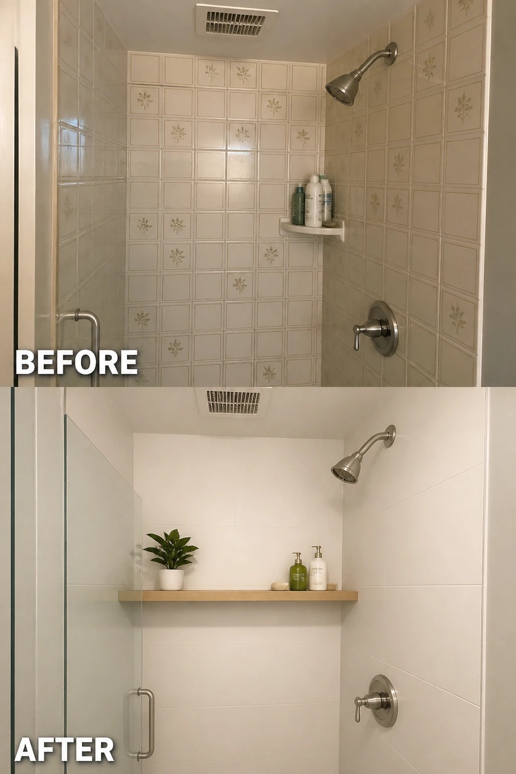 Before and after shower remodel showing patterned tiles replaced with plain white and wooden shelf