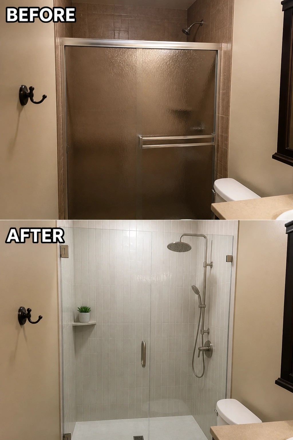 Before-and-after shower renovation: frosted brown-tiled door replaced by clear white-tiled glass.