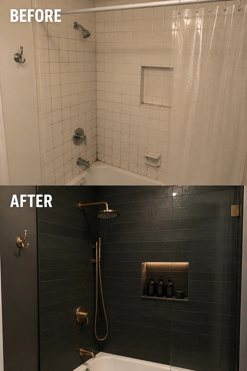 Before-and-after image of a bathroom shower updated from white tile to dark tile with a recessed niche.