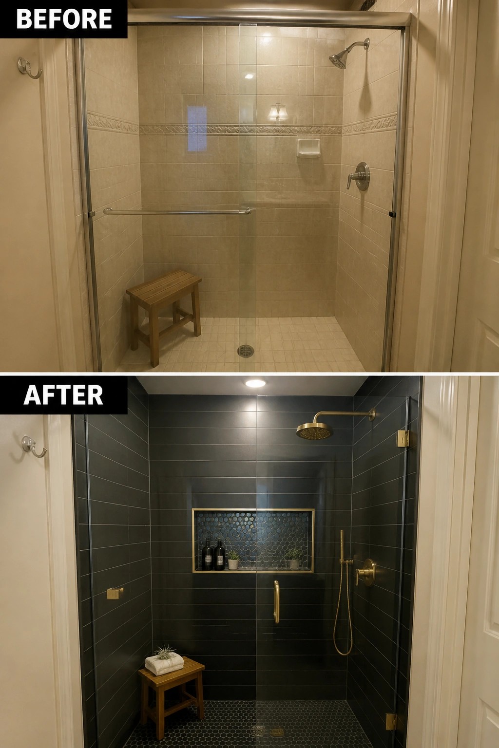 Before and after shower remodel from beige tiles to dark with gold accents.
