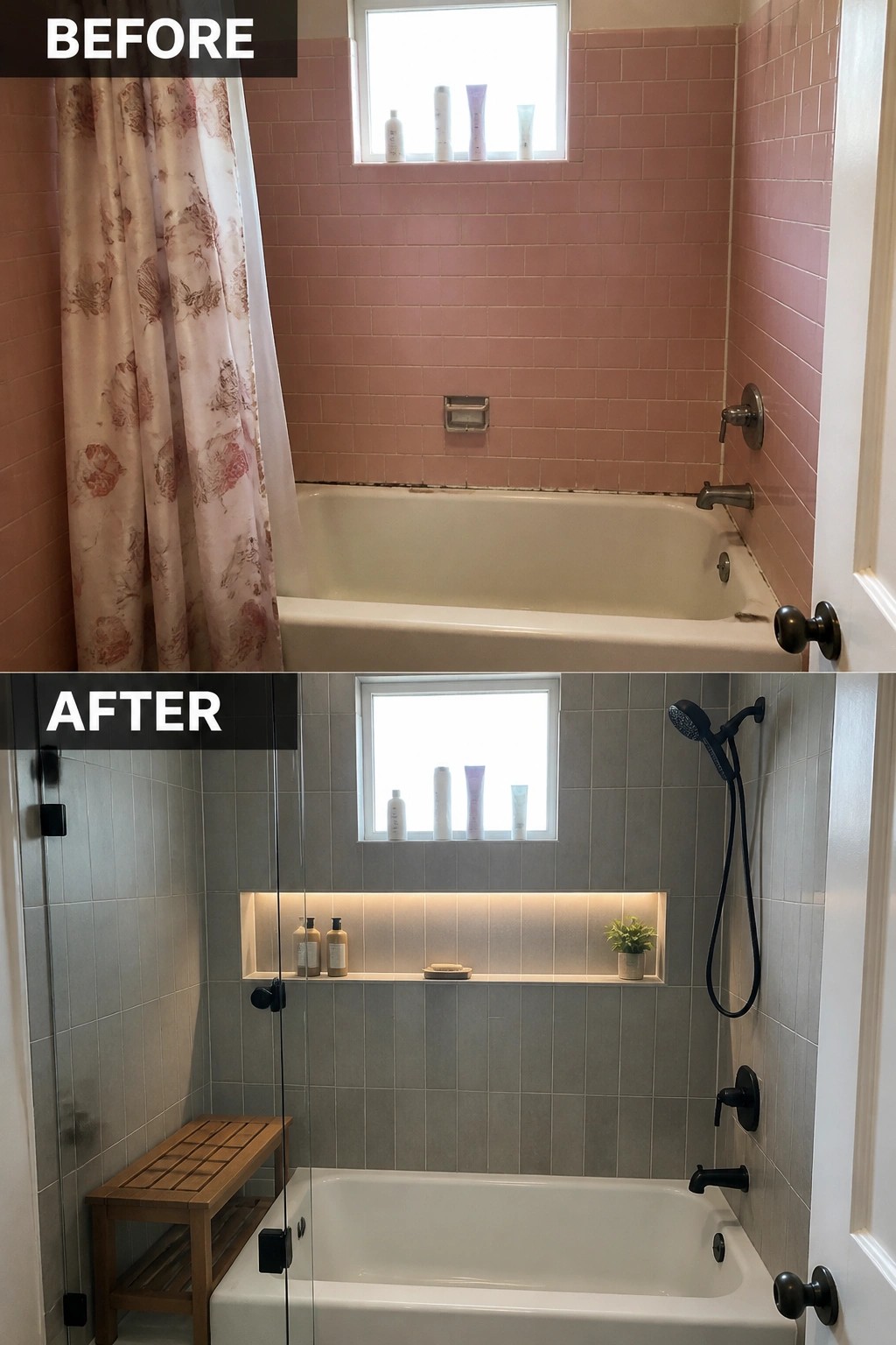 Before pink floral curtain bathtub, after modern gray tiled shower with niche
