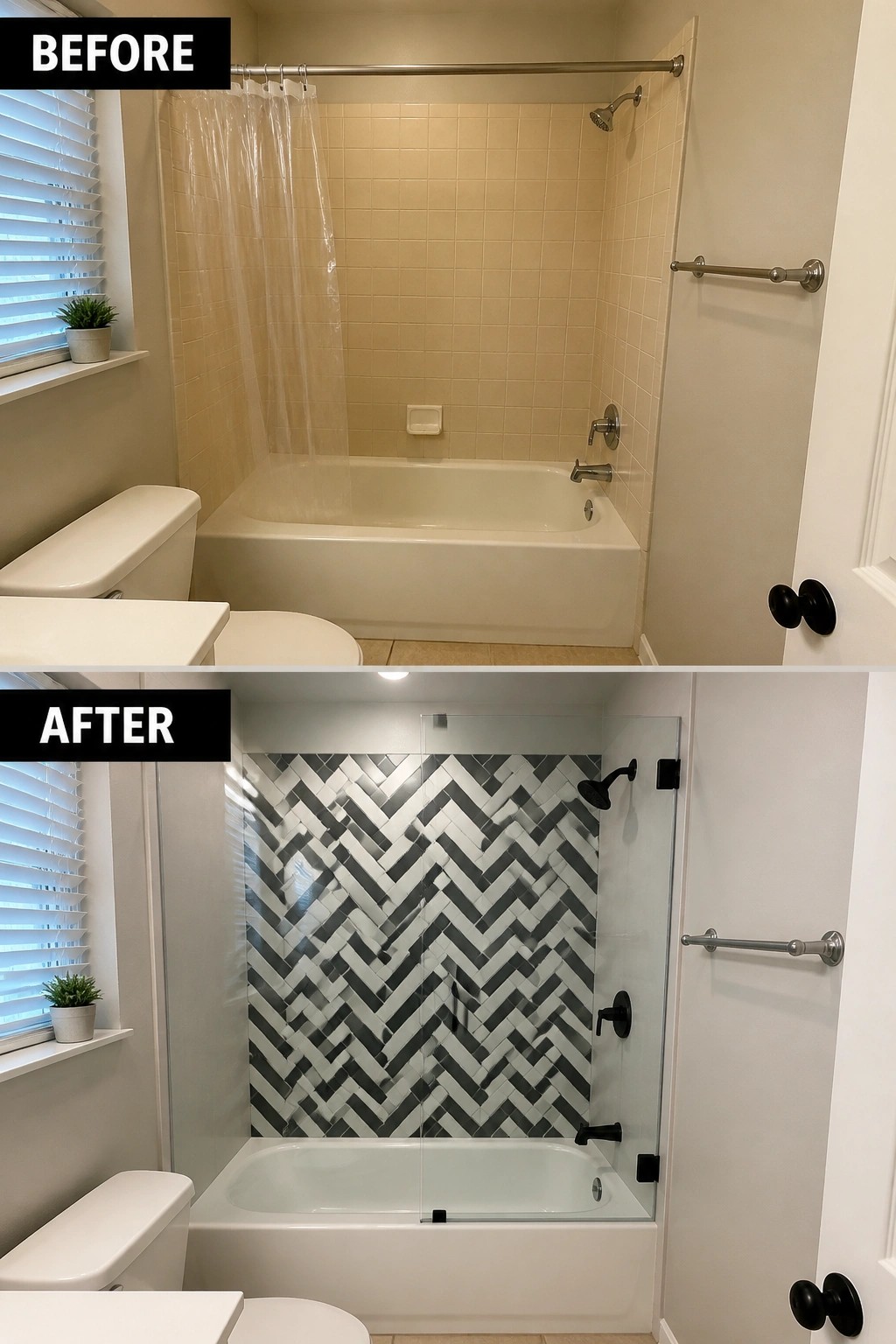 Before and after bathroom remodel with beige tiles updated to black-and-white herringbone shower.