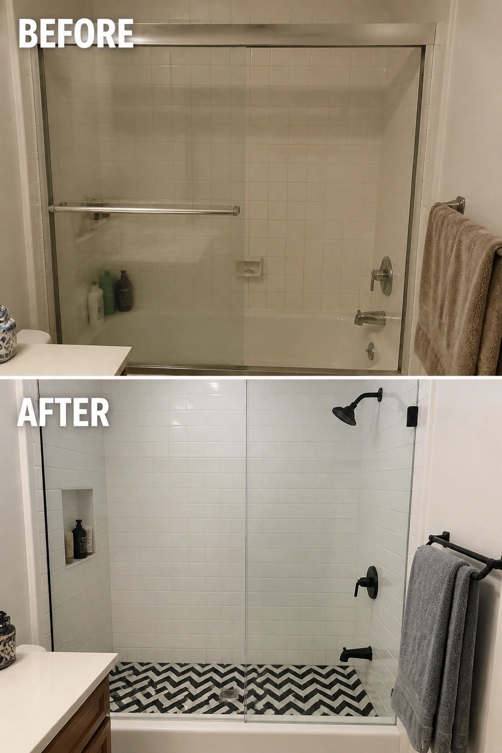 Before and after of white-tiled shower with black fixtures and chevron floor