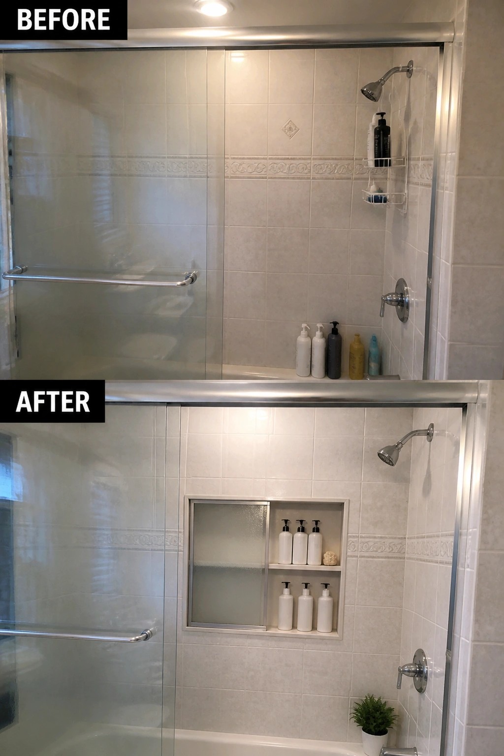 Before-and-after image of a tiled shower with bottles lined up on the tub ledge changed to a recessed niche holding the same bottles.