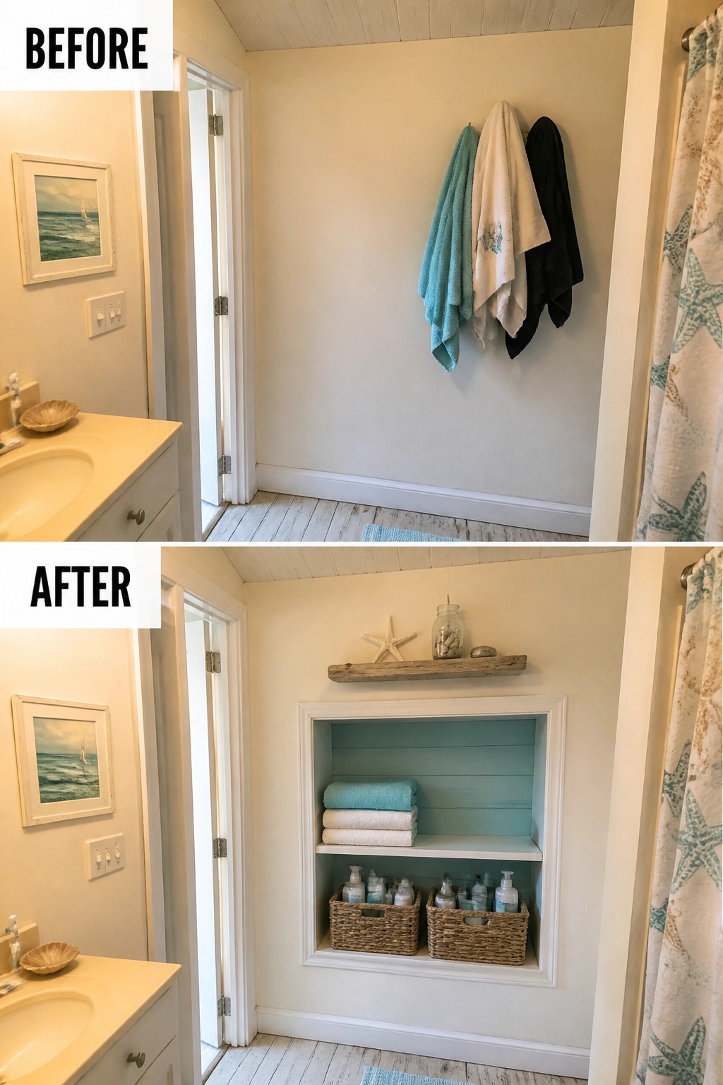 Before and after of bathroom wall with hanging towels transformed into recessed shelved niche.