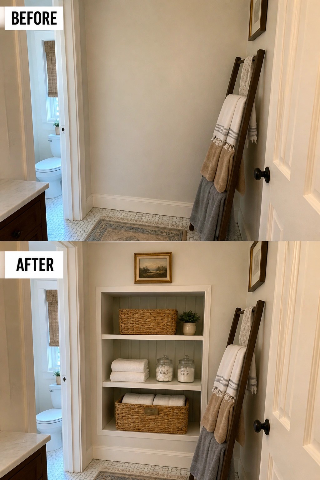 Before and after of bathroom nook with new white built-in shelves and decor