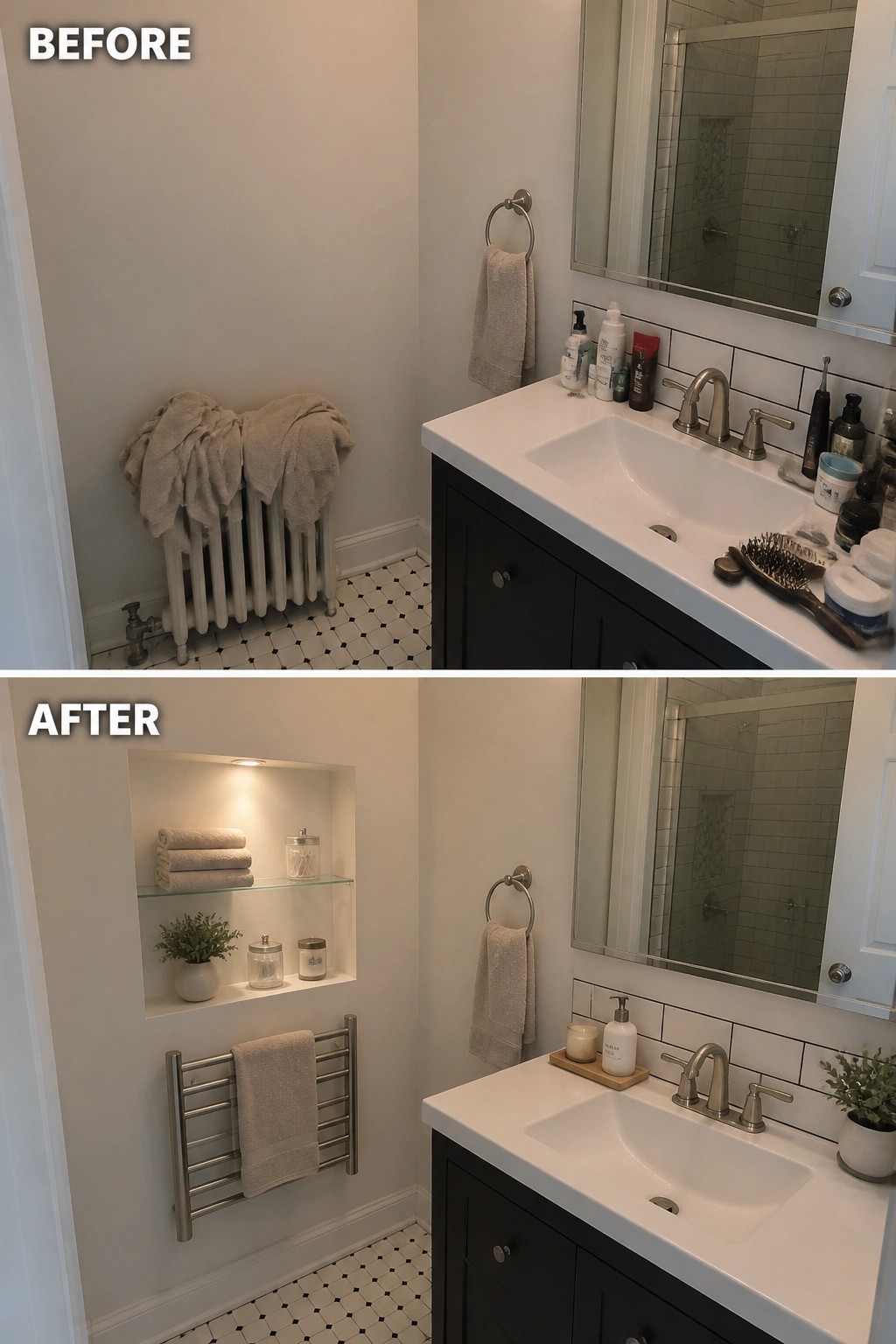 Before-and-after image of a small bathroom with a recessed storage niche added to the wall for shelves and organization.