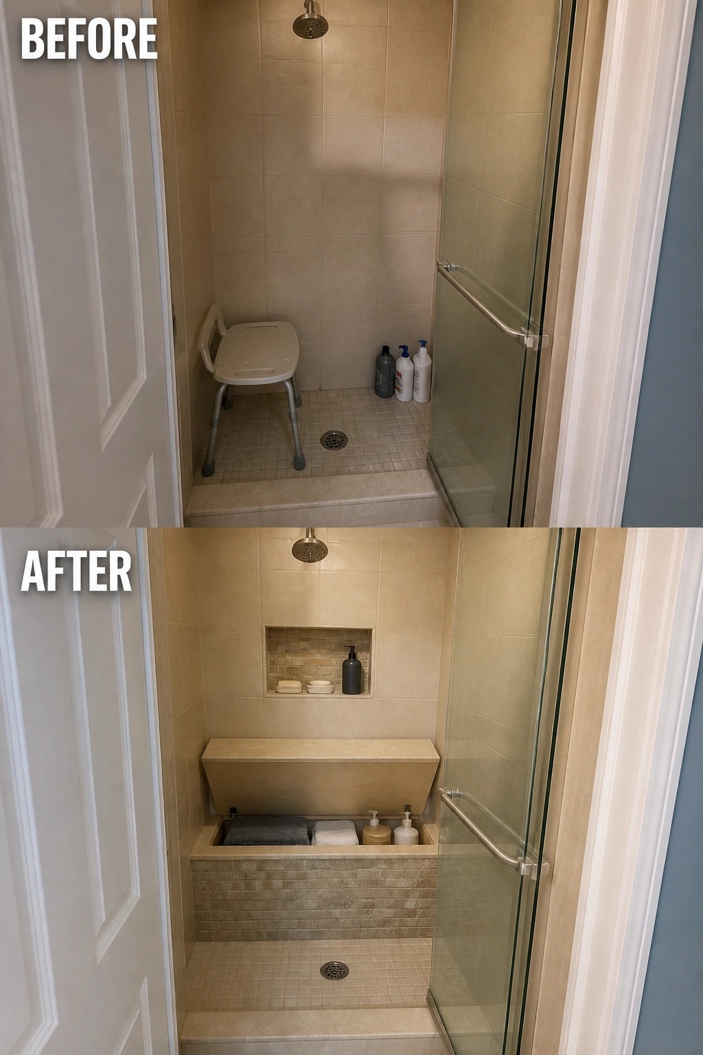 Before and after of beige tiled shower with added storage bench and niche shelf