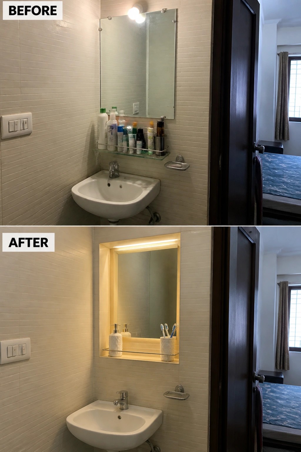 Before-and-after bathroom sink with beige tiles, updated lit mirror, and decluttered shelves