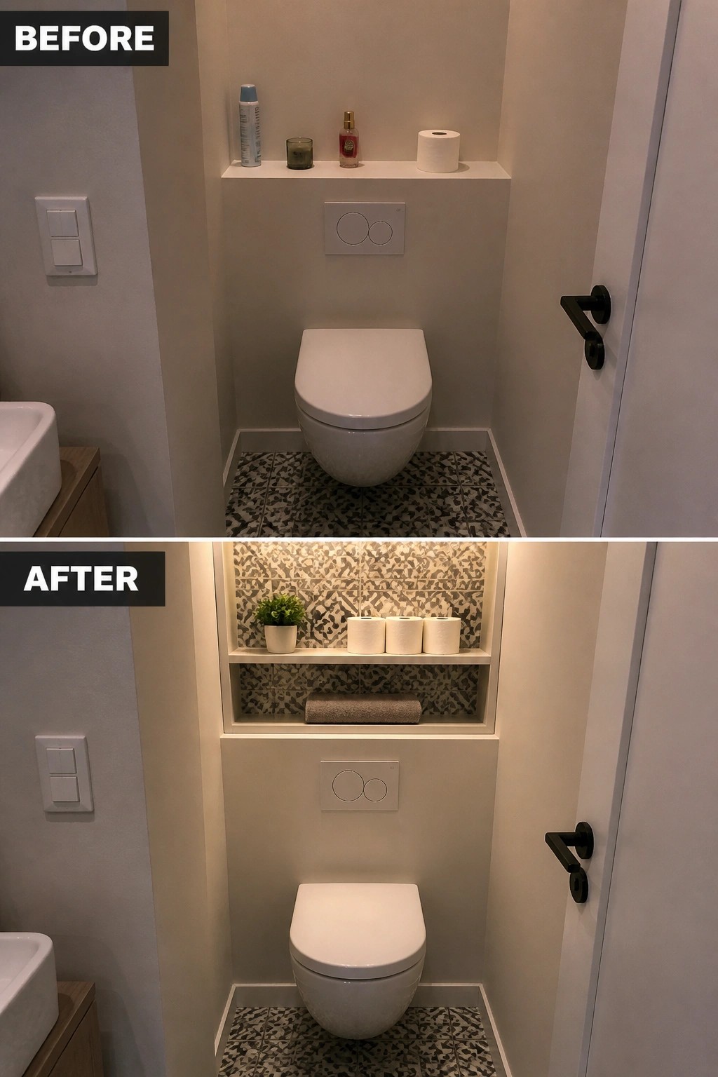 Before and after of toilet with new illuminated tiled niche shelf.