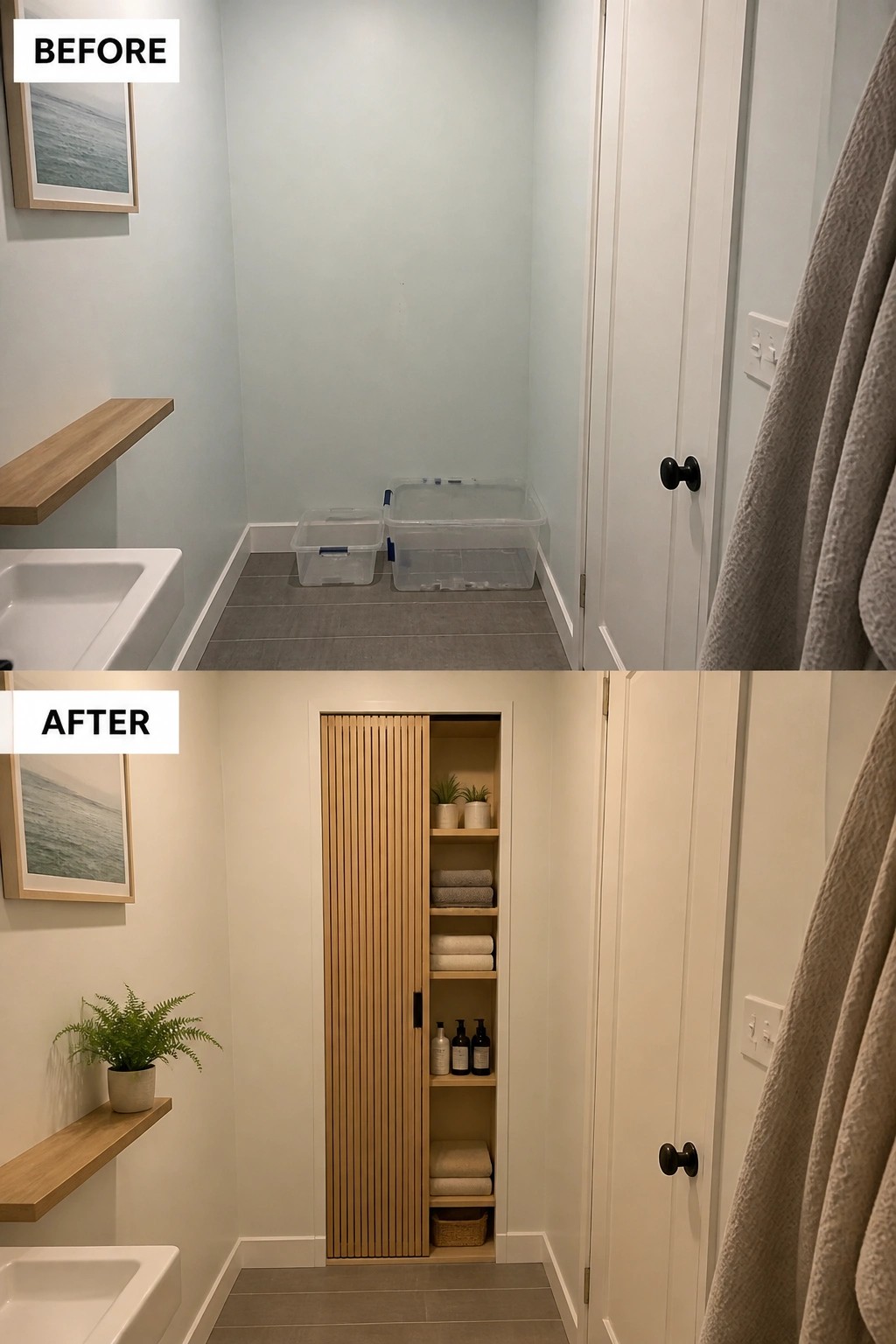 Before-and-after of narrow space with sink, now featuring built-in slatted wooden shelving.