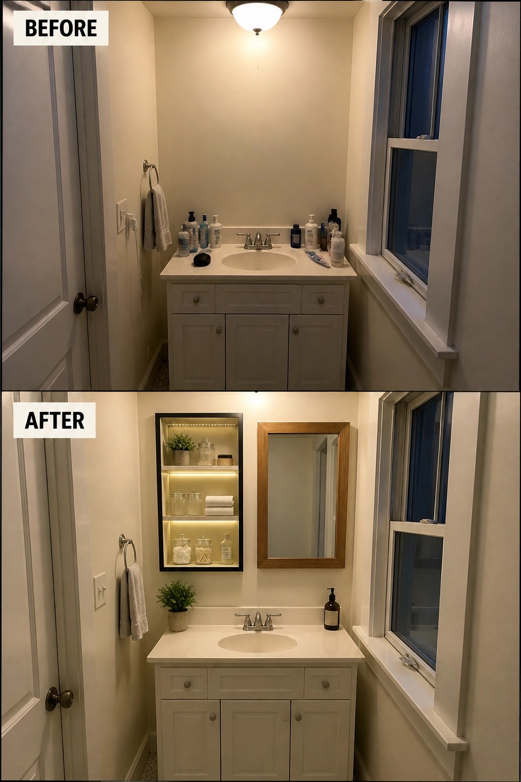 Before and after views of narrow white bathroom with sink, vanity, window and lit shelves.