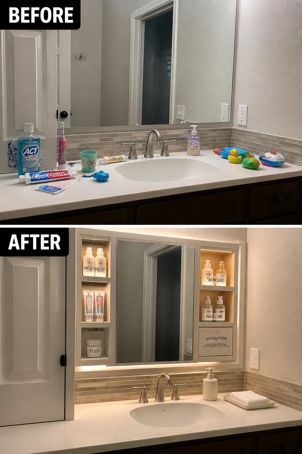 Before-and-after bathroom vanity: cluttered counter vs. organized illuminated labeled cabinet shelves.