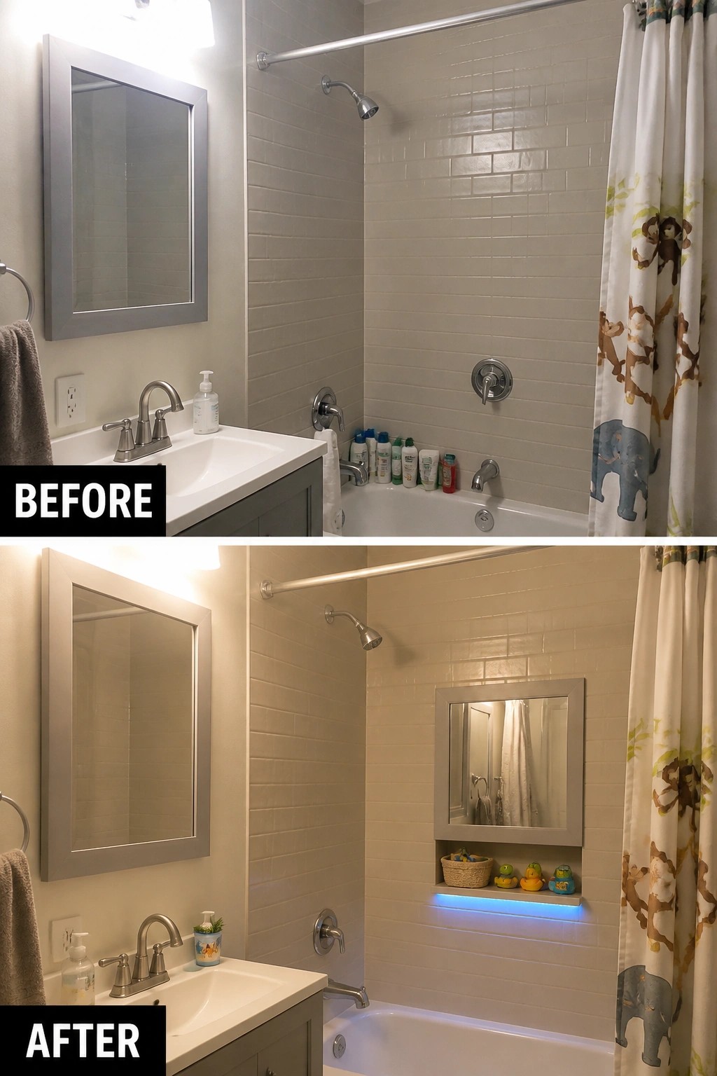 Before-and-after image of a small bathroom showing a recessed niche added to the tub surround for storage and lighting.