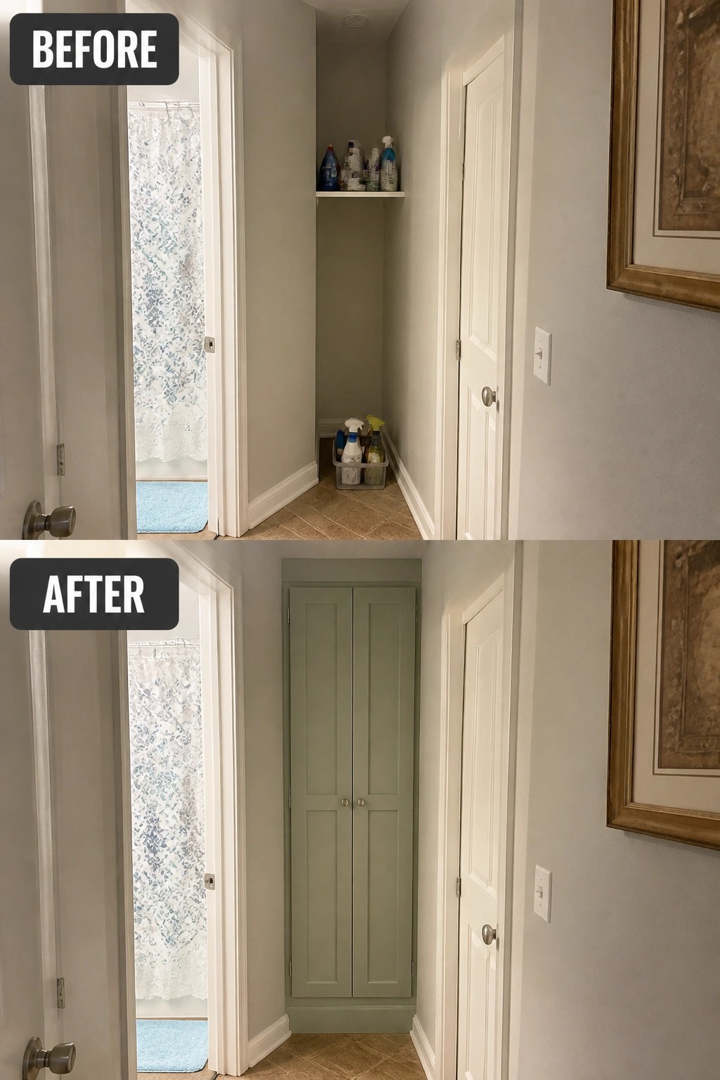 Before-and-after hallway nook: open cleaning supplies converted to sage green cabinet doors.