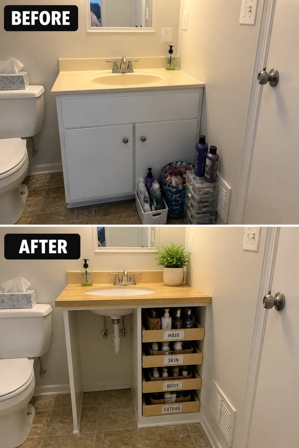 Before and after of cluttered bathroom vanity transformed into organized labeled drawers.