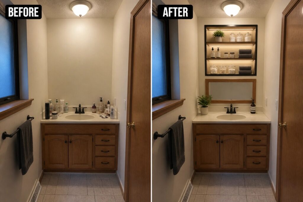 Before and after views of narrow white bathroom with sink, vanity, window and lit shelves.