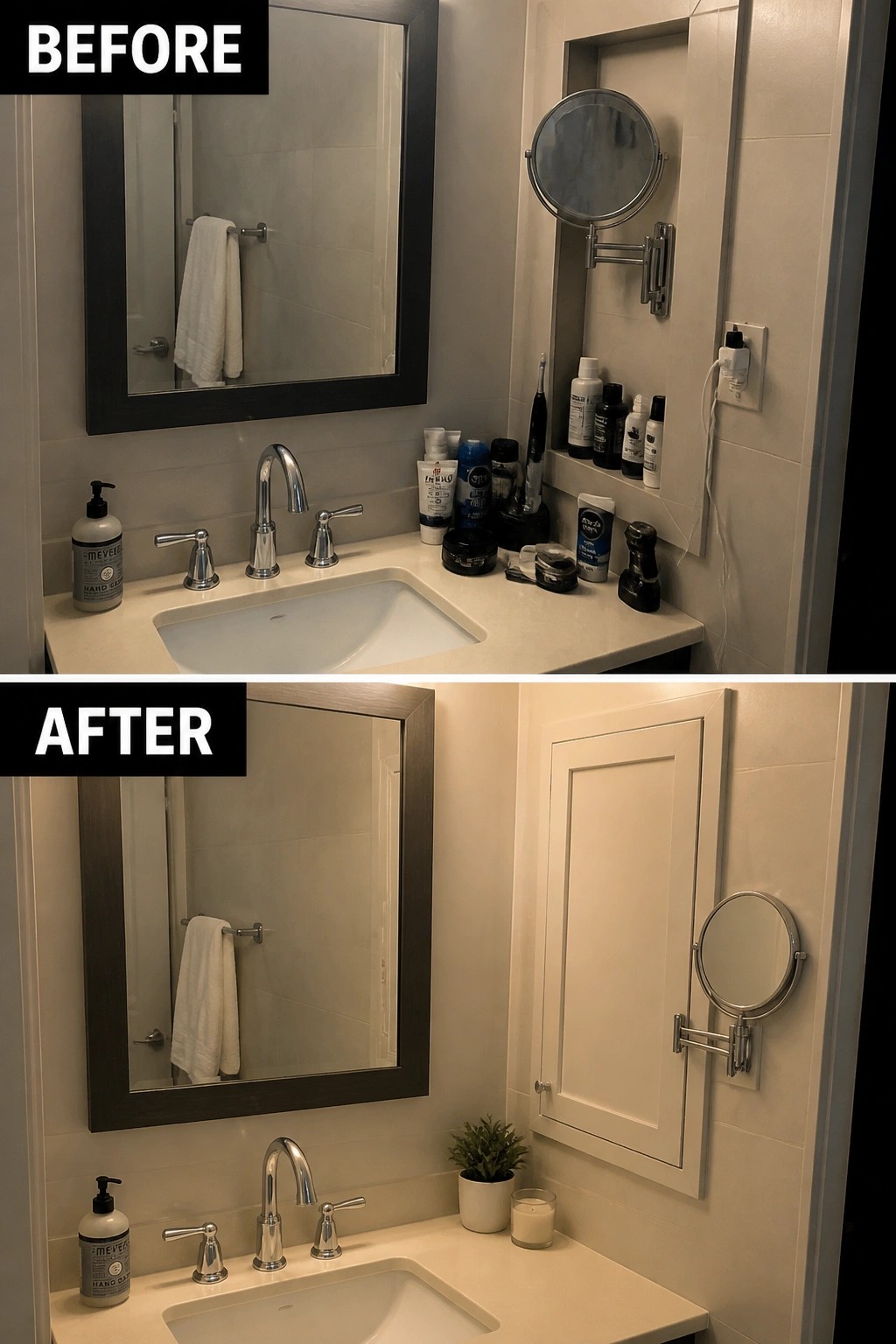 Before-and-after image of a small bathroom vanity where an open recessed shelf was converted into a closed white cabinet.