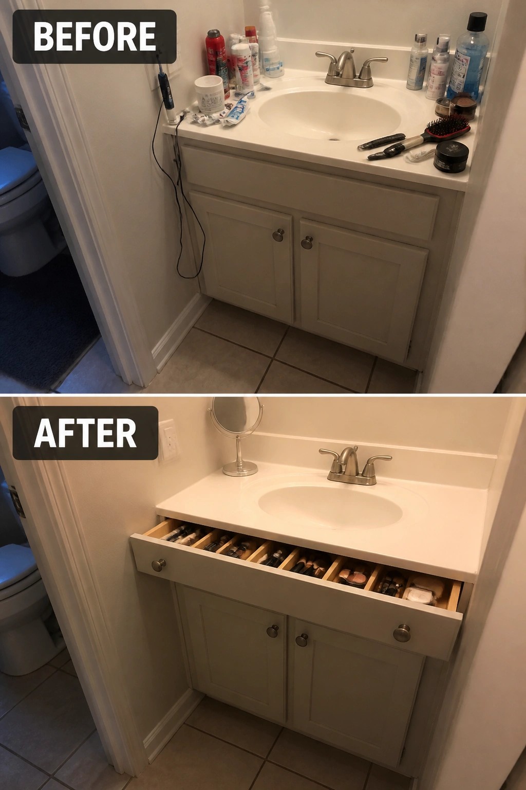 Before-after bathroom vanity: cluttered countertop above, organized open makeup drawer below.