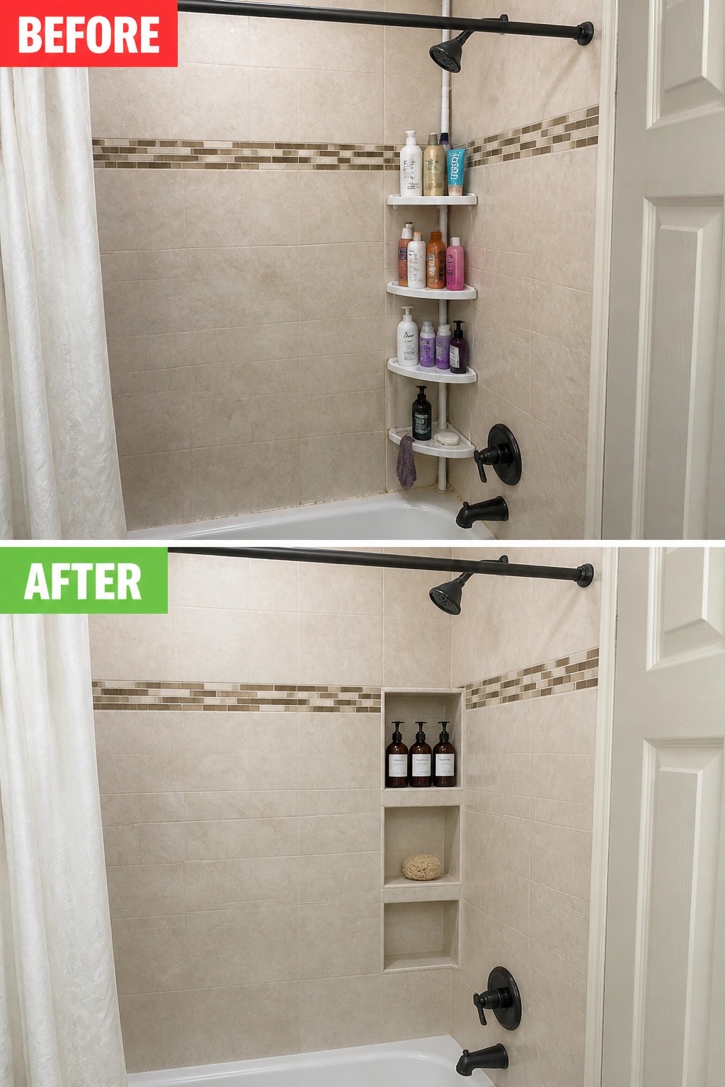 Before and after shower corner with shelves replaced by recessed niche