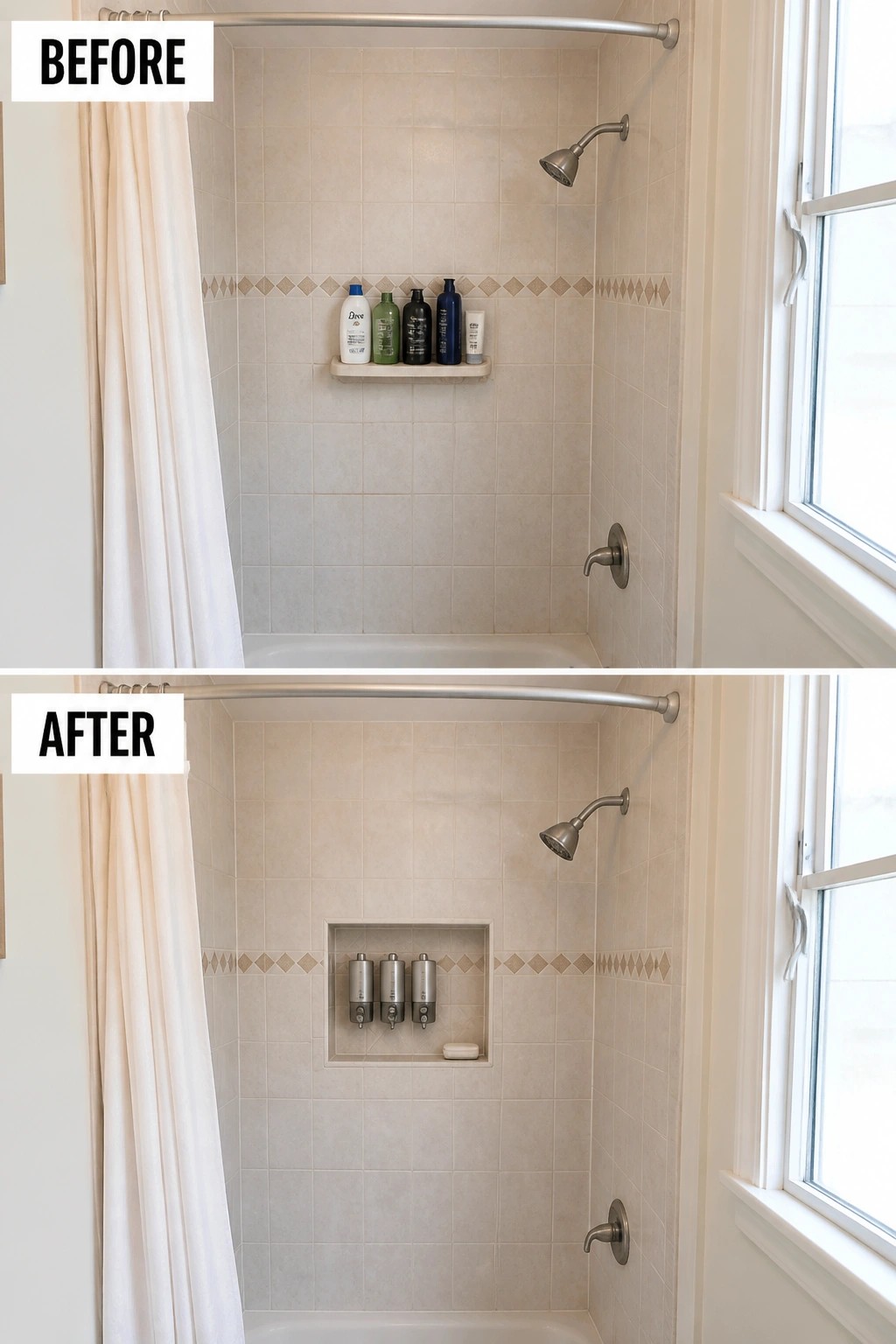 Before and after shower with bottles replaced by recessed wall dispensers