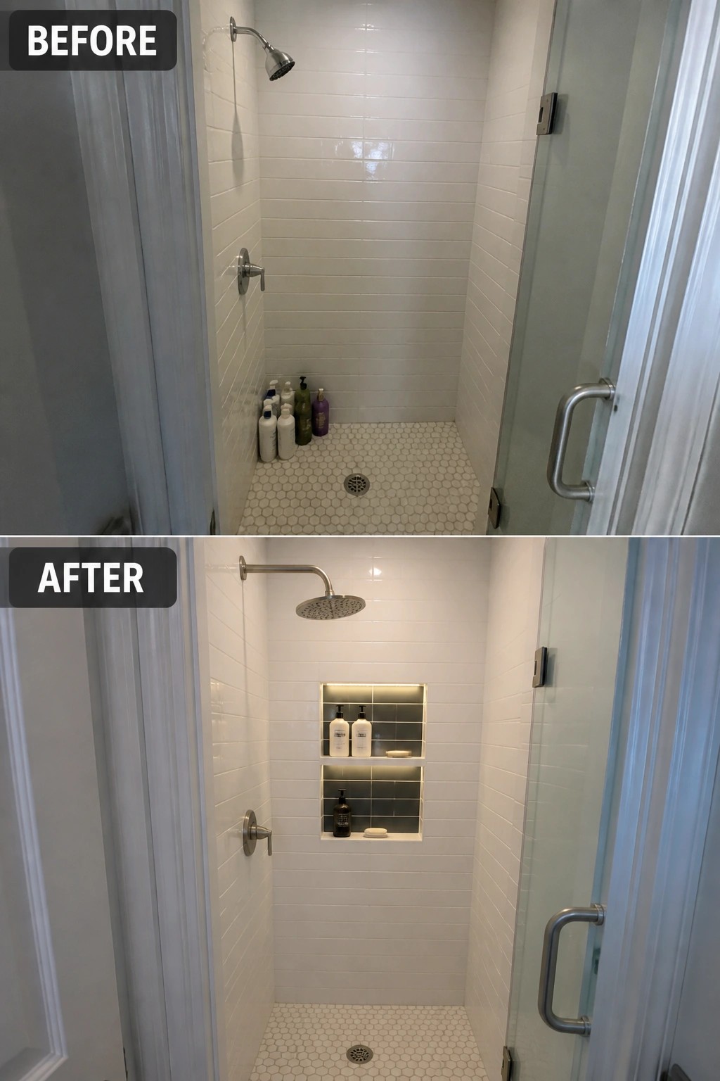 Before-and-after image of a small shower showing bottles moved from the floor into a lighted recessed niche.