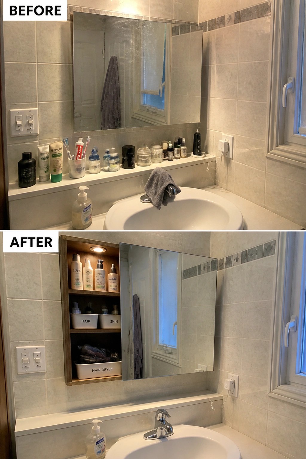 Before-and-after image of a small bathroom sink area with a cluttered open ledge changed into a recessed cabinet with organized shelves and labeled storage bins.