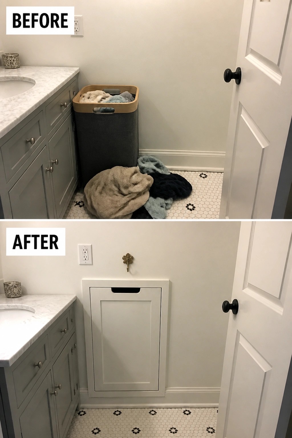 Before messy towels on bathroom floor and after built-in white laundry cabinet.