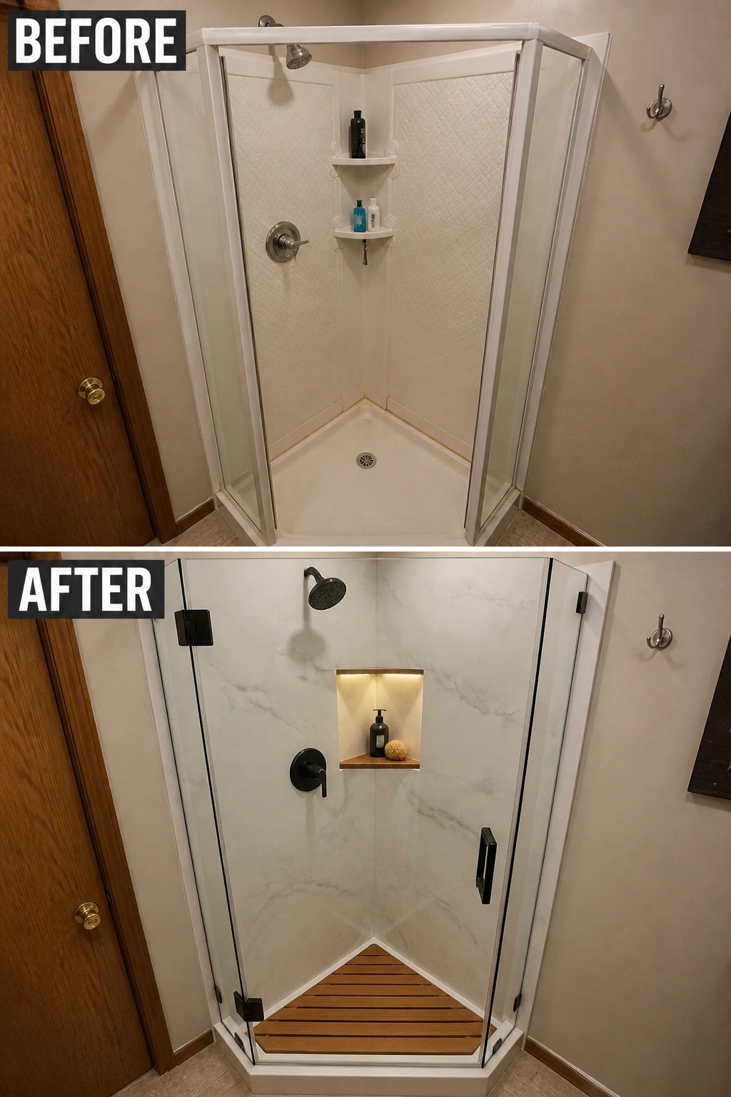 Before and after of corner shower: outdated white above, modern marble with black accents below.