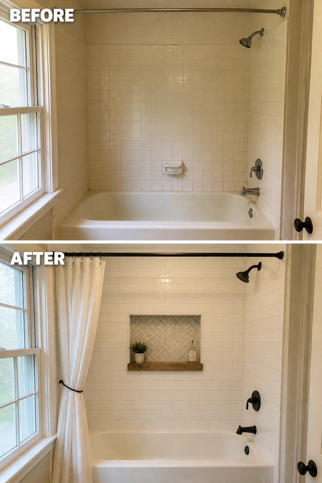 Before and after of white bathtub with tiled walls and black fixtures