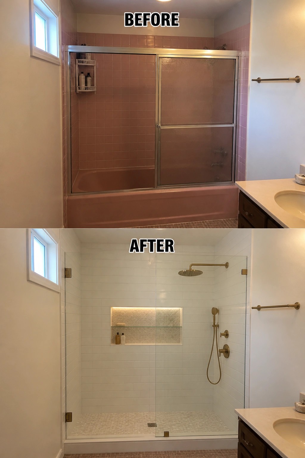 Before-and-after image of a pink bathtub shower converted to a modern white tiled walk-in shower with a built-in niche.