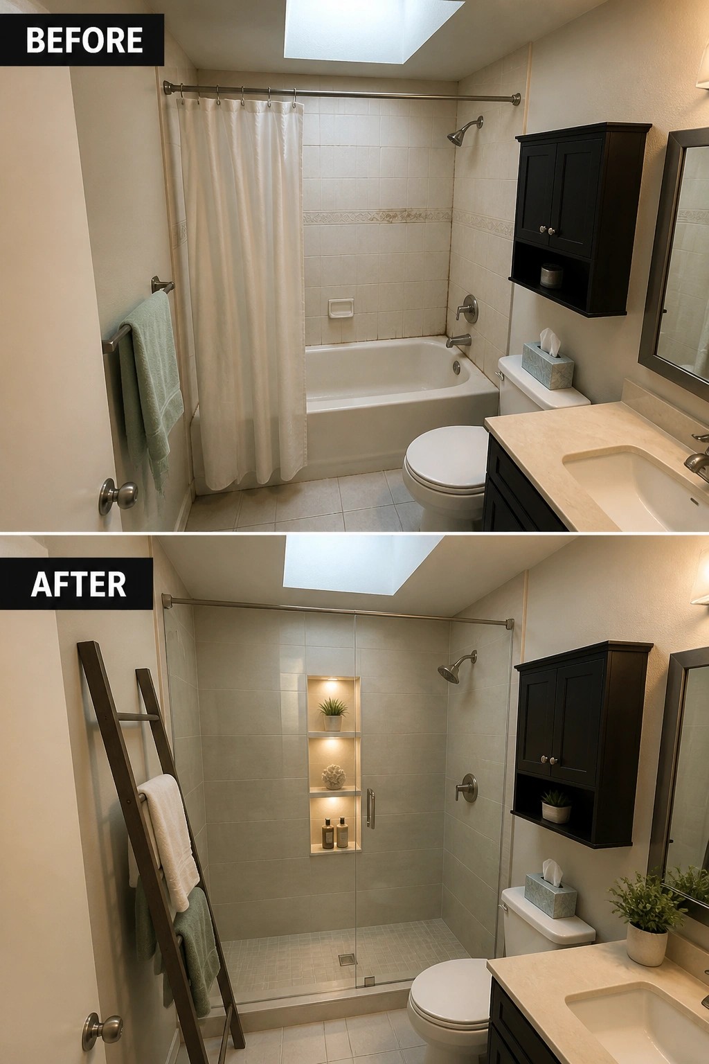 Before-and-after image of a small bathroom showing a tub with shower curtain changed to a glass shower enclosure with a built-in lighted niche.
