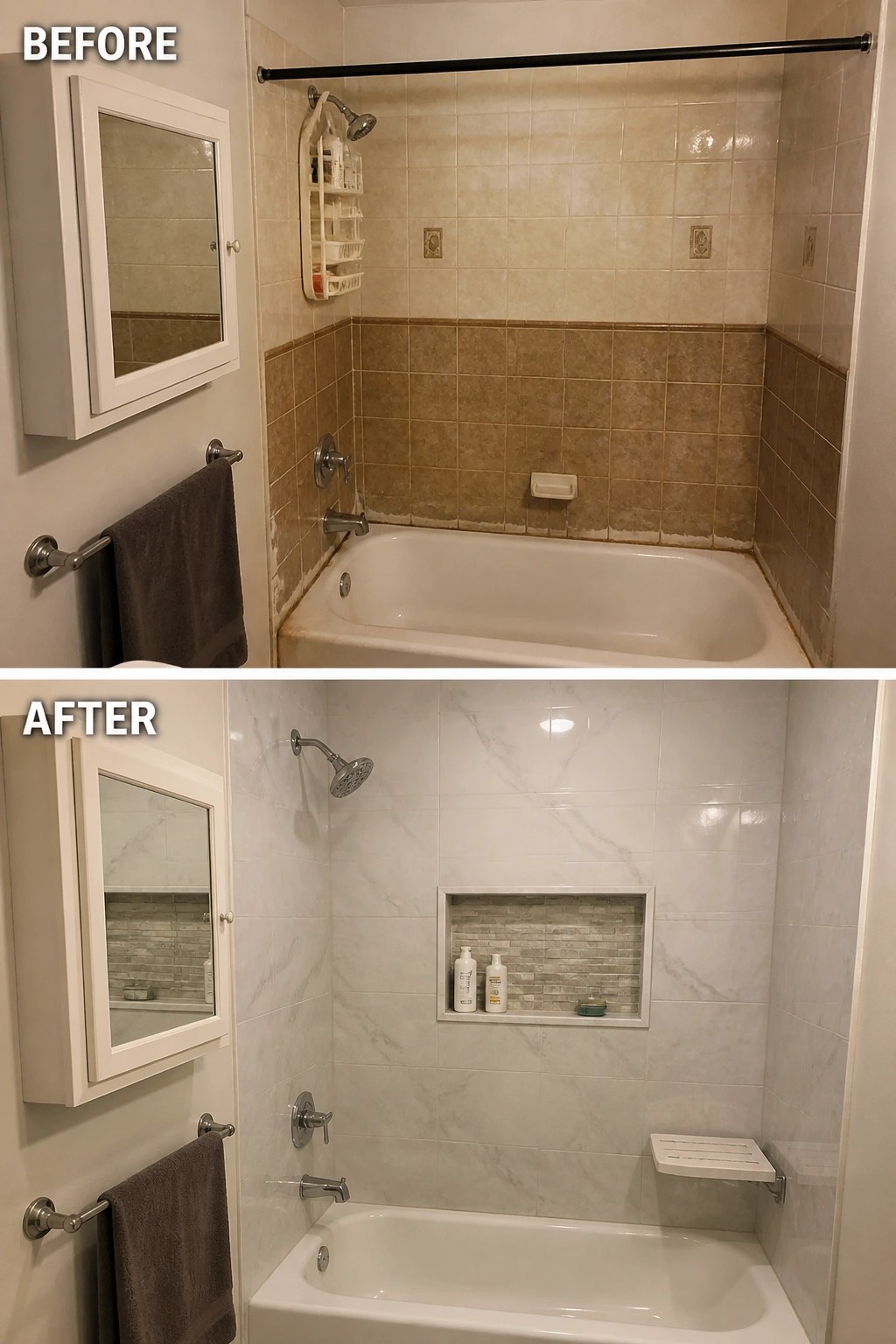 Before and after beige-tiled bathtub shower renovated with white marble tiles and niche
