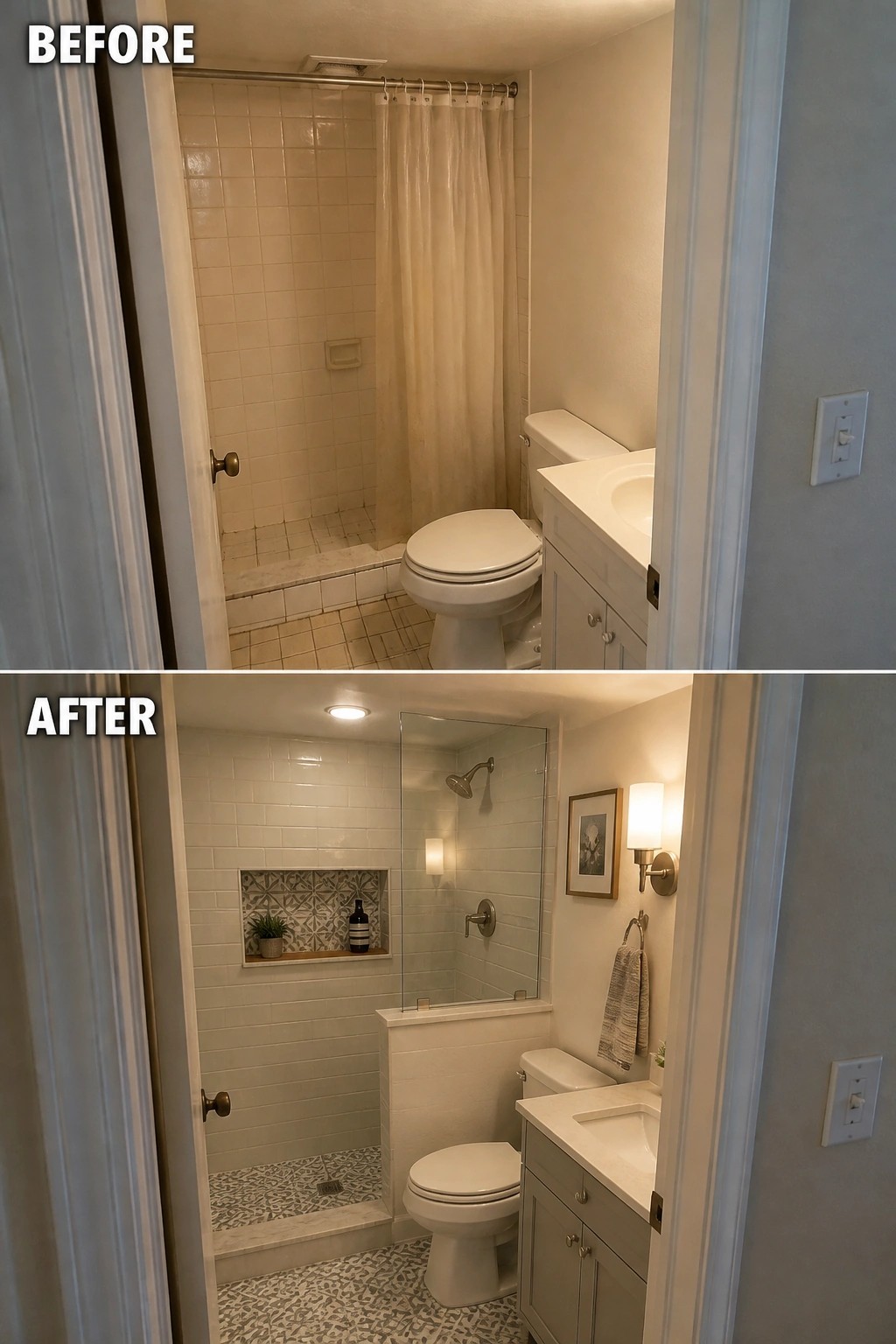 Before and after bathroom remodel with new patterned tile and glass shower.