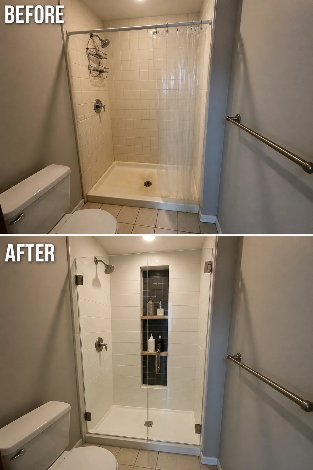 Before and after shower remodel with curtain replaced by glass doors and tiled niche.