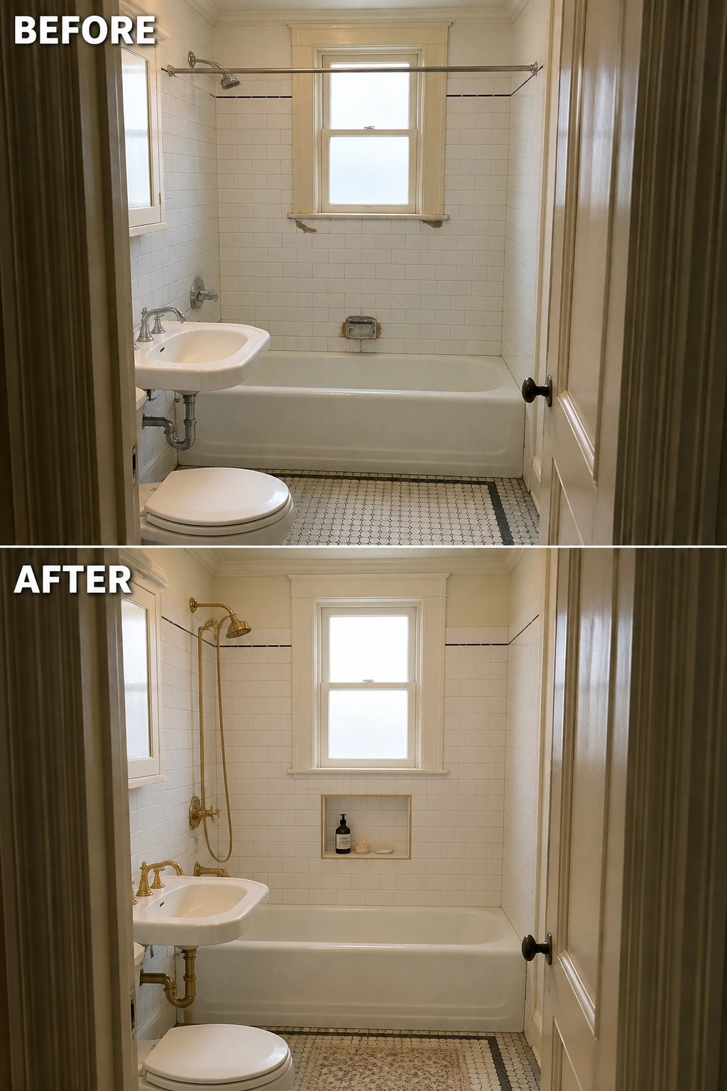 Before and after of white-tiled bathroom with tub, sink, toilet and gold fixtures.