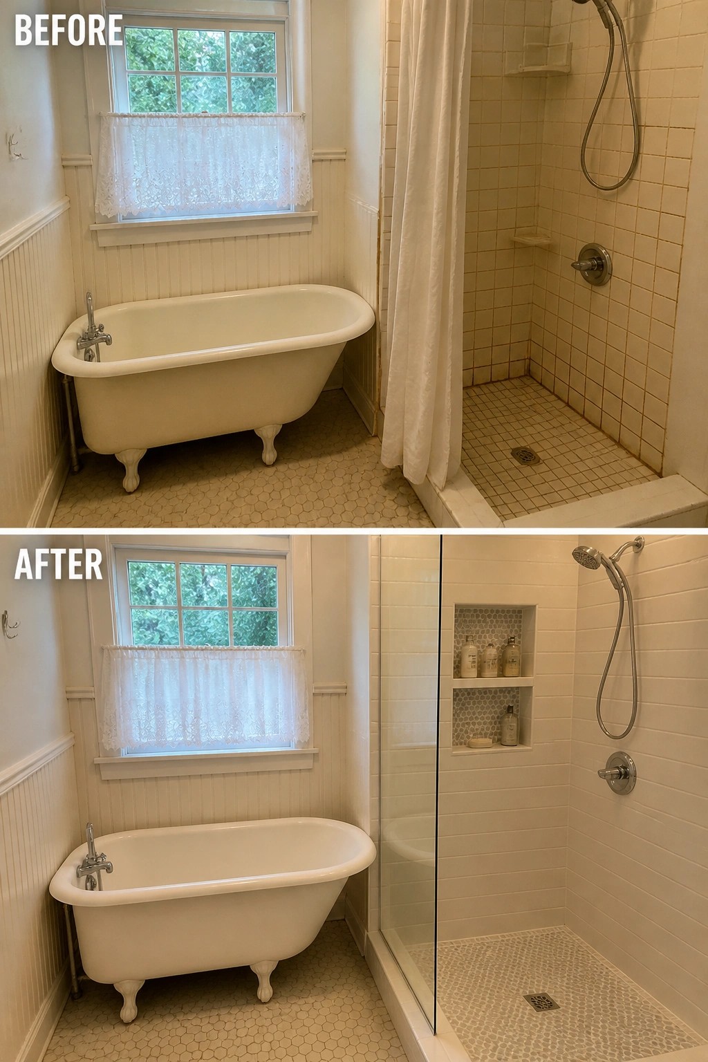Before-and-after image of a small bathroom with an updated shower that features a glass door and built-in niches.