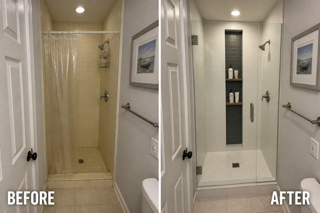 Before and after shower remodel with curtain replaced by glass doors and tiled niche.