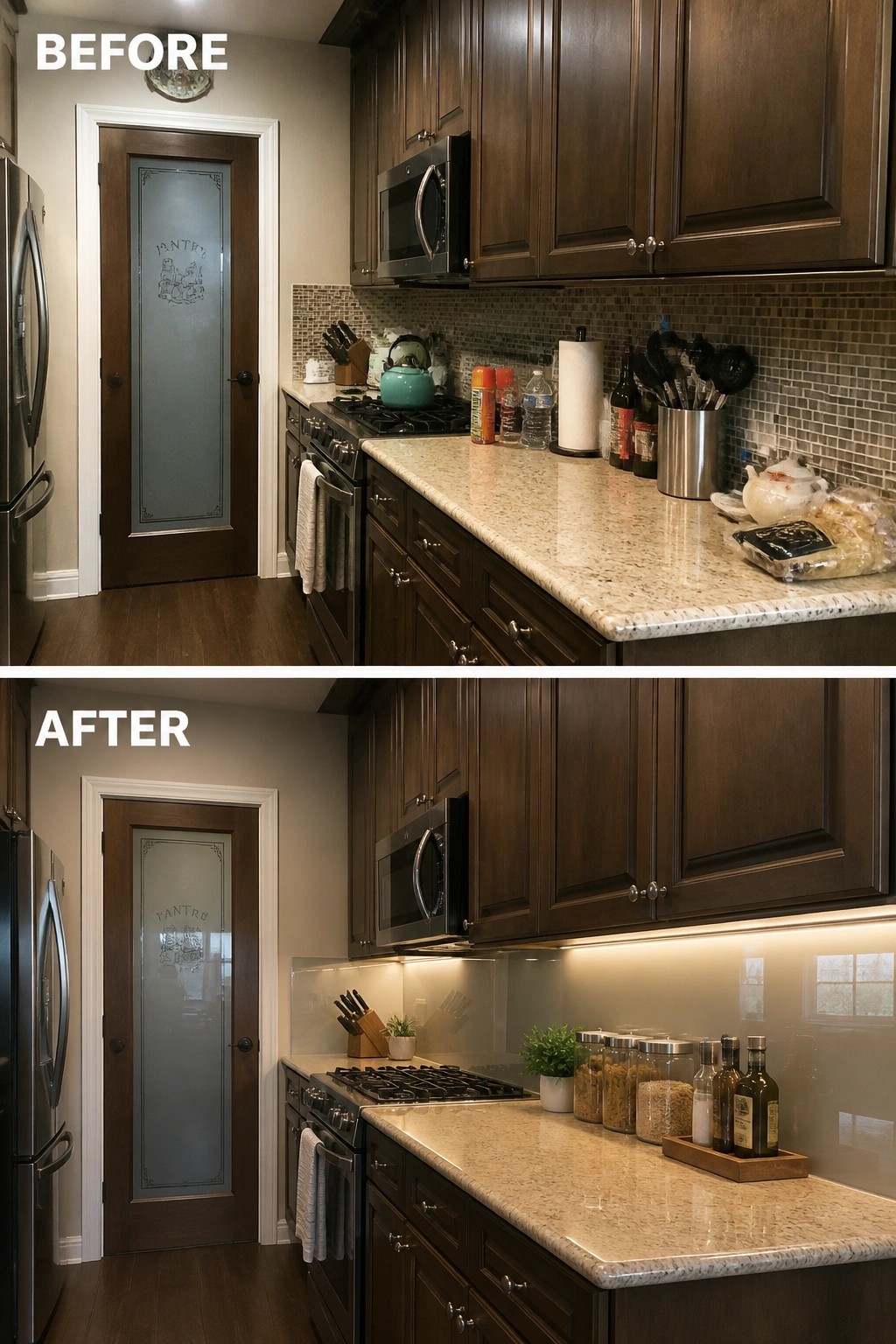 Before and after kitchen remodel with dark cabinets, granite counters, and backsplash update