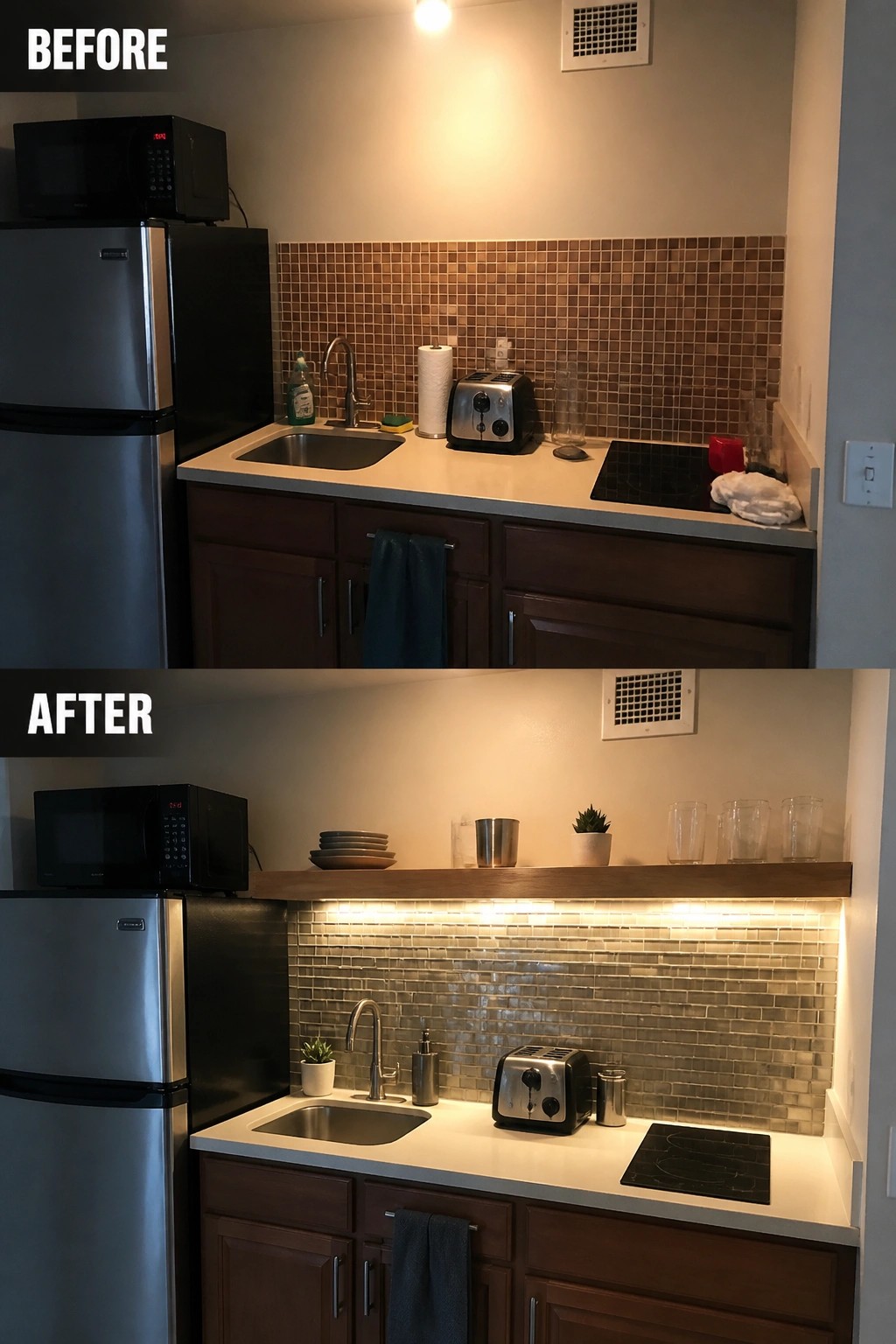 Before-and-after image of a small kitchen showing a dark mosaic backsplash replaced with a lighter reflective one and under-cabinet lighting added.