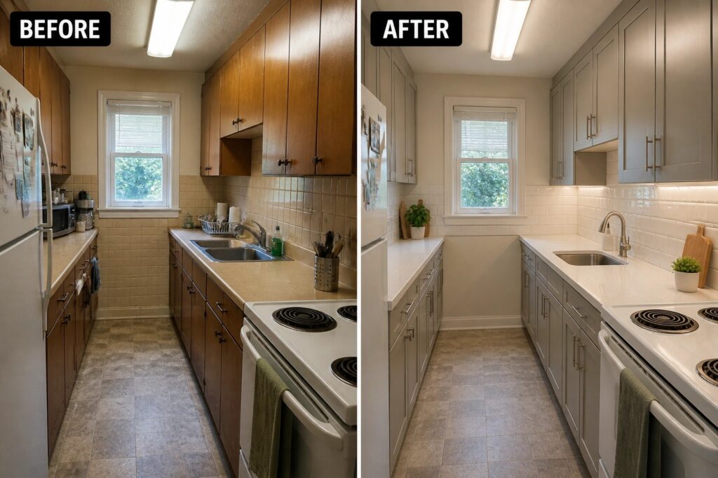 Kitchen before dark wood cabinets and after light gray remodel update