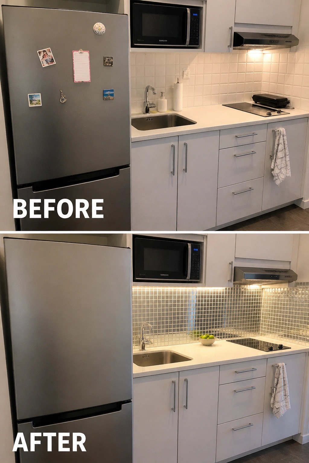 Before and after kitchen with new mosaic backsplash, LED lighting, and stainless fridge