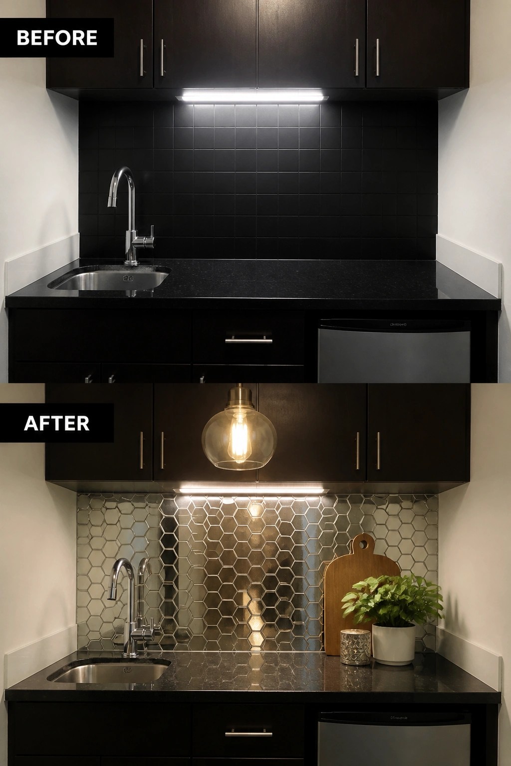 Before and after kitchen with black cabinets, sink, and updated metallic hexagon backsplash