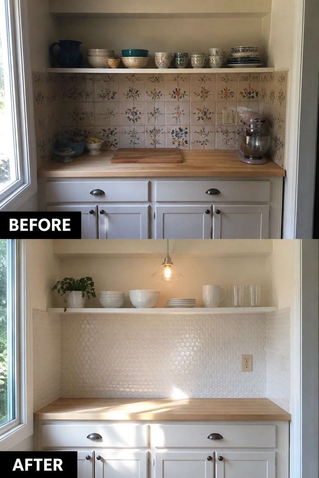 Before and after kitchen renovation with floral and hexagonal tile backsplashes.