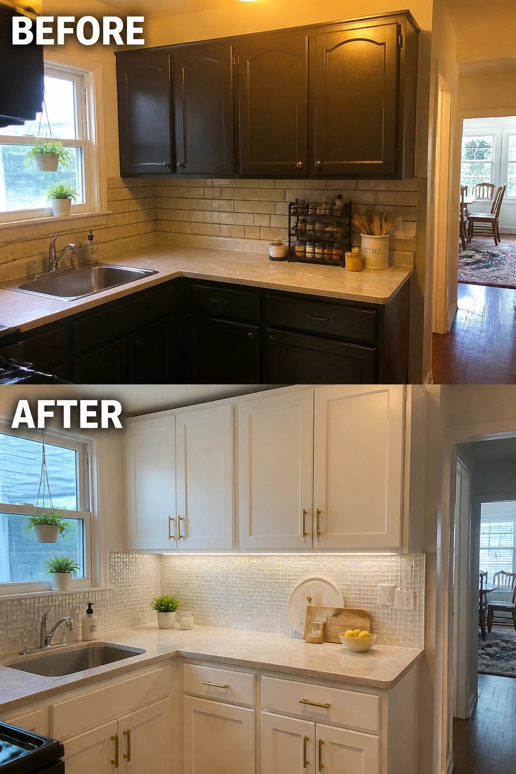 Kitchen before and after: dark cabinets replaced by white with mosaic backsplash.