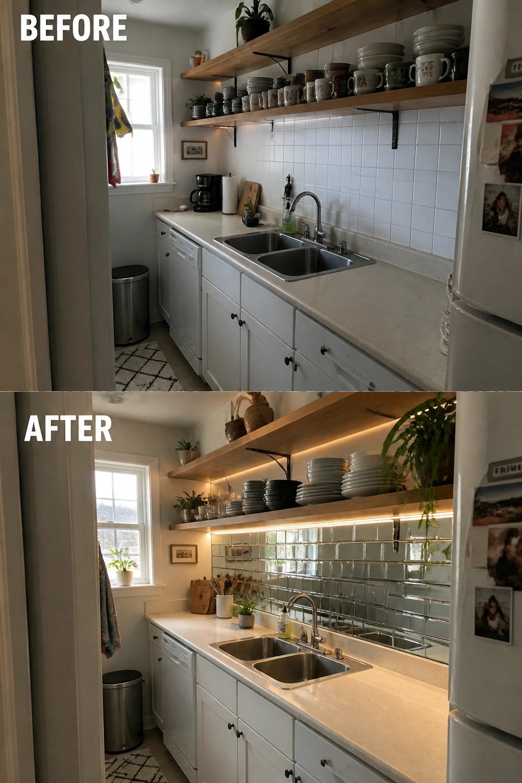 Before and after kitchen remodel with white cabinets, shelves, and updated backsplash