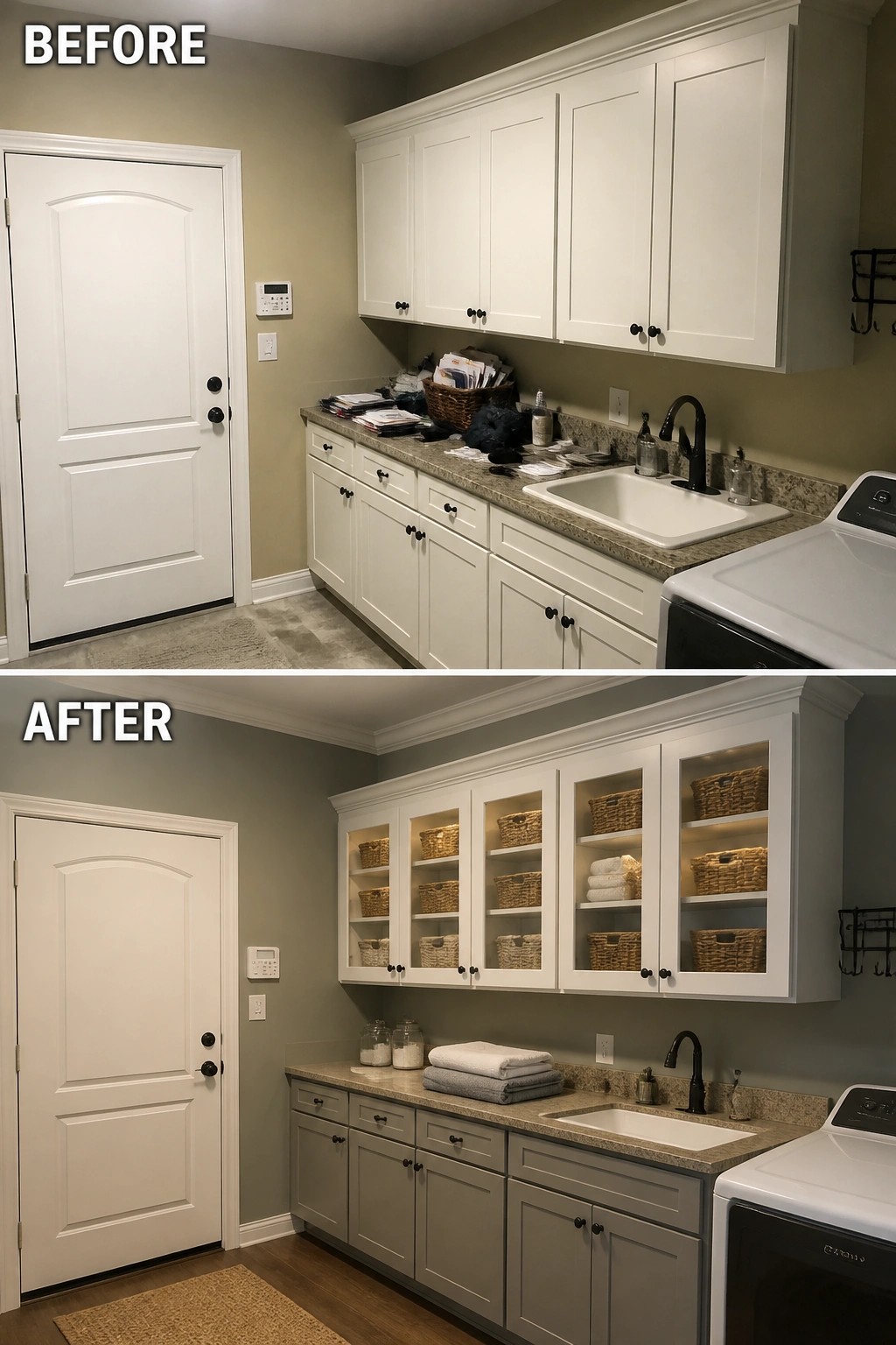 Before-and-after image of a laundry room with upper cabinets changed from solid doors to glass fronts with interior lighting and organized baskets.