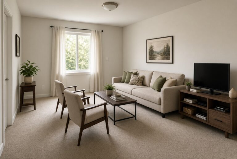 Small living room with a sofa, chairs, and a clear walking path