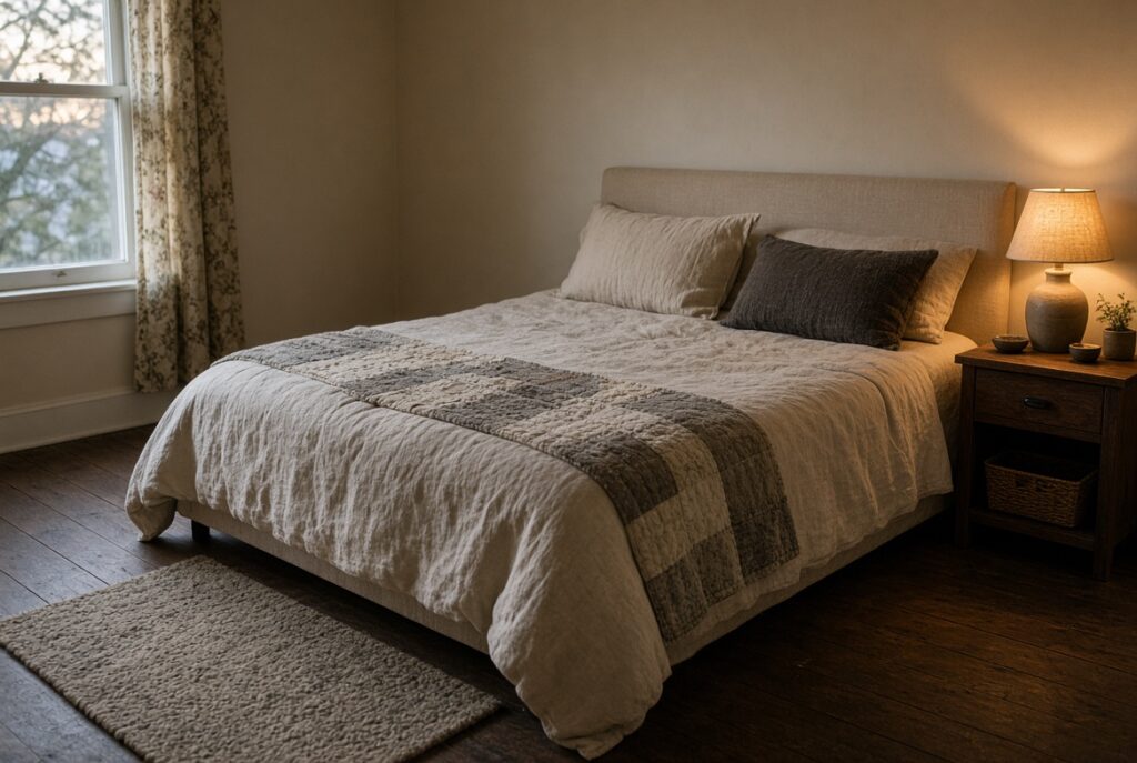 Bedroom with layered bedding and a warm lamp beside a clear path