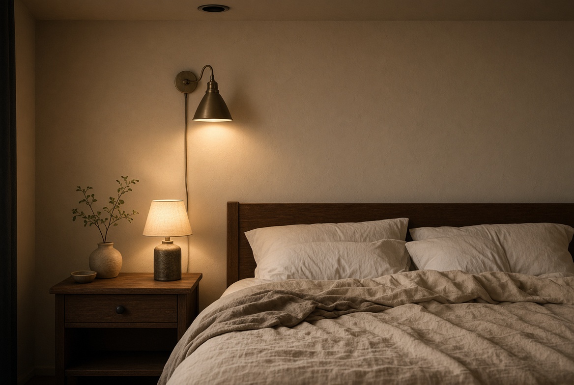 Bedside lamp and plug-in wall sconce lighting a bed with the ceiling light off